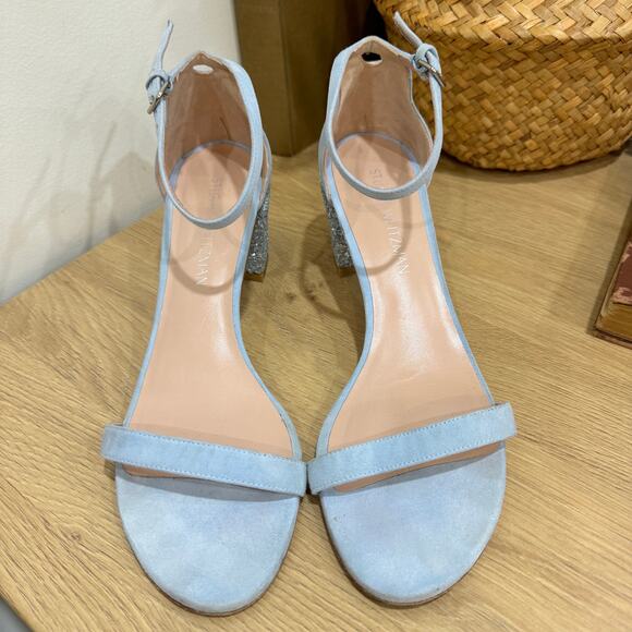 STUART WEITZMAN Nudist Block Sandals Size 9 Light Blue Suede Glitter Heels - Picture 4 of 9